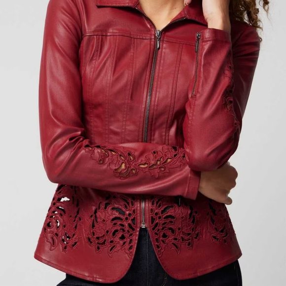 WHBM NWT Cutwork Coated Denim Flirty Jacket Dark Red LEATHER LOOK - Picture 7 of 12